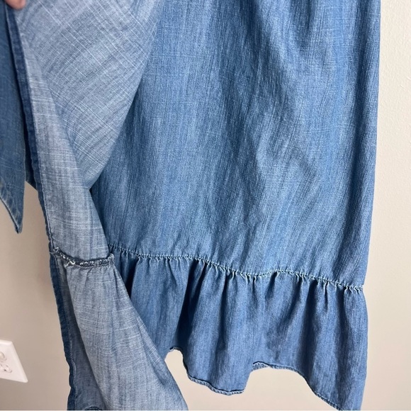 2/25 J Crew Denim Chambray Wrap Dress Ruffle Sleeveless Blue Jean springtime - Picture 7 of 9
